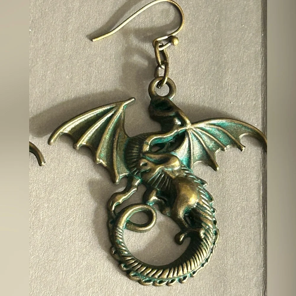 Earrings Gothic flying Dragons in Brass w Green Verdigris finish pierced, drop